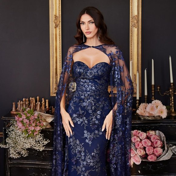 NEW LONG STRAPLESS OFF SHOULDER FITTED EMBROIDERED GOWN WITH LACE CAPE CD J834 - Picture 1 of 7